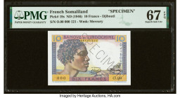 French Somaliland Banque de l'Indochine, Djibouti 10 Francs ND (1946) Pick 19s Specimen PMG Superb Gem Unc 67 EPQ. A Specimen perforation is noted on ...
