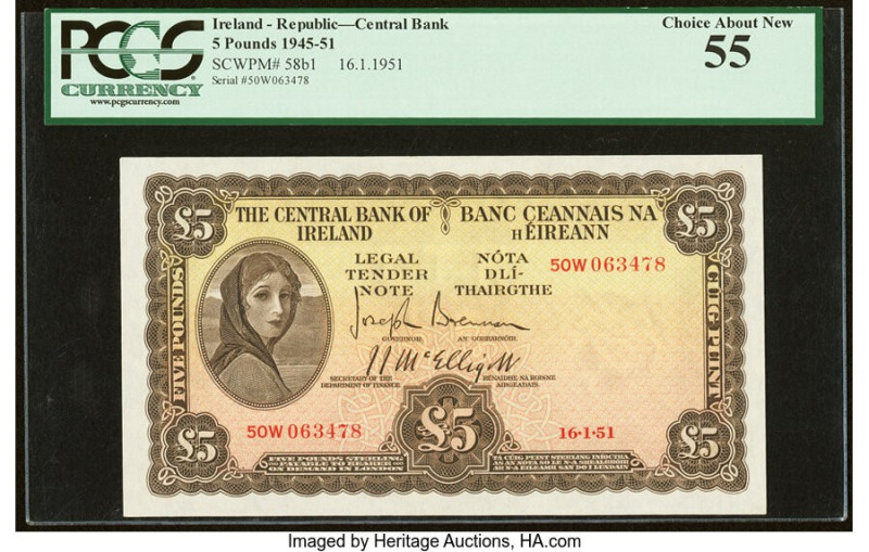 Ireland - Republic (Eire) Central Bank of Ireland 5 Pounds 16.1.1951 Pick 58b1 P...