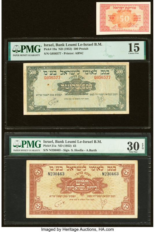Israel Israel Government; Bank Leumi (2) 50; 500 Pruta; 5 Pounds ND (1952) Pick ...