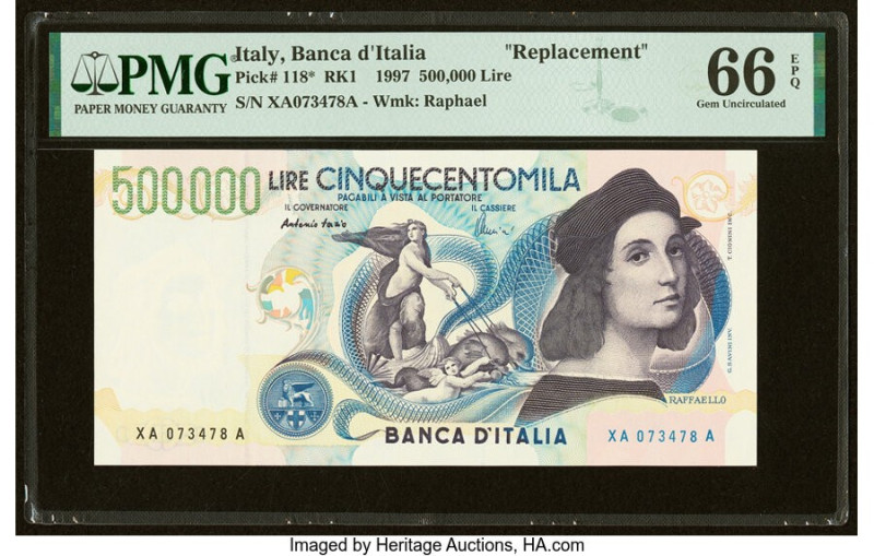 Italy Banco d'Italia 500,000 Lire 1997 Pick 118* RK1 Replacement PMG Gem Uncircu...