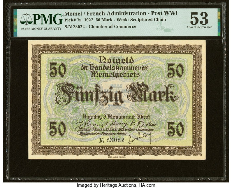 Memel Chamber of Commerce 50 Mark 22.2.1922 Pick 7a PMG About Uncirculated 53. A...