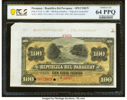 Paraguay Republica del Paraguay 100 Pesos 26.12.1907 Pick 122s Specimen PCGS Banknote Choice UNC 64 PPQ. Cancelled with 2 punch holes and selvage incl...