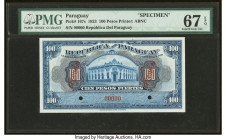 Paraguay Banco de la Republica 100 Pesos 25.10.1923 Pick 167s Specimen PMG Superb Gem Unc 67 EPQ. Cancelled with 2 punch holes. HID09801242017 © 2022 ...