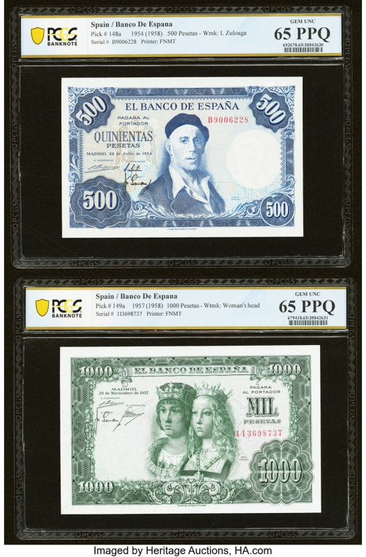 Spain Banco de Espana 500; 1000 Pesetas 22.7.1954; 29.11.1957 (1958) Pick 148a; ...