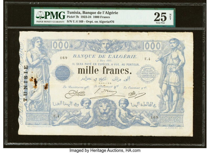 Tunisia Banque de l'Algerie 1000 Francs 5.3.1923 Pick 7b PMG Very Fine 25 Net. R...