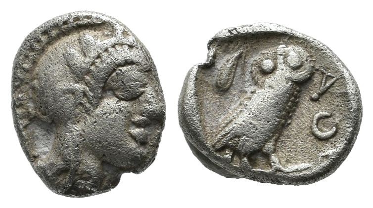 Attica, Athens. Circa 480-460 BC. AR Obol (9mm, 0.65g). Helmeted head of Athena ...