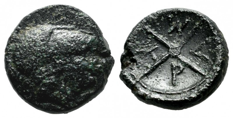 Bithynia, Apameia (as Myrleia). 3rd century BC. AE (14mm, 3.g). Helmeted head of...