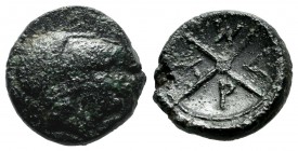 Bithynia, Apameia (as Myrleia). 3rd century BC. AE (14mm, 3.g). Helmeted head of Athena right. / M - Y - P - Λ. Wheel of four spokes. SNG Copenhagen 3...