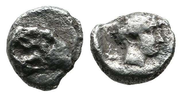 Caria, Kasolaba. Circa 400-300 BC. AR Hemiobol (7mm, 0.37g). Head of ram right /...