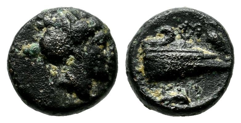 Caria, Knidos. Circa 375-340 BC. AE (8mm, 1.01g). Head of Aphrodite right / KNI....