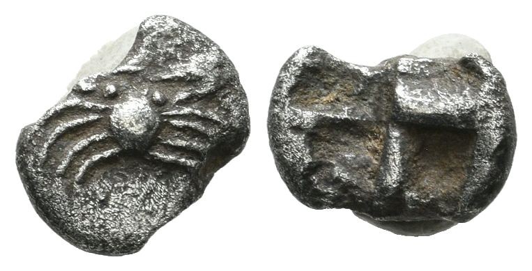 Caria, Kos. Circa 500-480 BC. AR Hemiobol (8mm, 0.37g). Crab / Quadripartite inc...