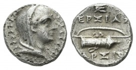 Ionia, Ephesos (as Arsinoeia). Circa 290-281 BC. AR Diobol (11mm, 1.39g). Erxias, magistrate. Veiled head of Arsinoë right / Bow and quiver; monogram ...