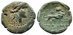 Ionia, Miletos. 4th-3rd. centuries BC. AE (20mm, 4.11g). Uncertain magistrate. Laureate head of Apollo right. / Lion standing right, looking back at s...