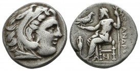 Kings of Macedon. Alexander III "the Great" AR Drachm (17mm, 4.17g). Lampsakos, struck circa 310-301 BC. Head of Herakles right, wearing lion skin hea...
