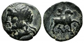 Lycia, Choma. 1st century BC. AE (15mm, 2.93g). Laureate head of bearded Zeus left. / Horseman in military attire riding right, his right hand raised,...
