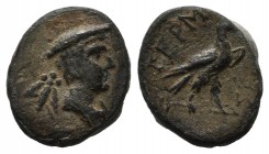 Lycia, Termessos minor. Circa 100 BC. AE (13mm, 1.13g). Draped bust of Hermes right, wearing petasos; behind, bee / ΤΕΡΜH / Σ[ΣΕΩΝ]. Eagle standing ri...
