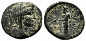 Lydia, Sardes. Circa 133 BC-14 AD. AE (19mm, 6.02g). Veiled, draped and turreted bust of Tyche right. / ΣΑΡΔΙΑΝΩΝ. Zeus Lydios standing left, holding ...