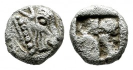 Macedon, Akanthos. circa 480 BC. AR Hemiobol (6mm, 0.49g). Head of calf right / Quadripartite incuse square. Traité II 1, no. 1710, pl. LIV, 18; Weber...