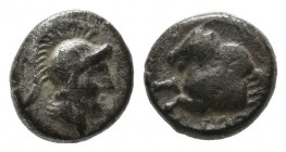 Mysia, Adramytteion. Orontes (Satrap of Mysia), Circa 357-352 BC. AR 1/8 Siglos or Hemiobol (8mm, 0.56g). Helmeted head of Athena right. / Forepart of...