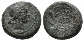 Mysia, Kyzikos. 2nd-1st century BC. AE (17mm, 6.06g). Head of Kore Soreira right / Legend and monogram within oak-wreath. BMC 151.