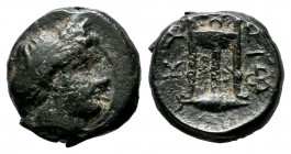 Mysia, Kyzikos. 3rd century BC. AE (12mm, 1.87g). Head of Kore Soteira right, hair bound in sakkos / KY-ZI, Tripod on tunny right; monogram to lower r...