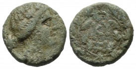 Mysia, Kyzikos. Circa 1st century BC. AE (15mm, 4.53g). Wreathed head of Kore Soteira right. // KY / ZI within oak wreath. Cf. SNG Copenhagen 68-74 (m...