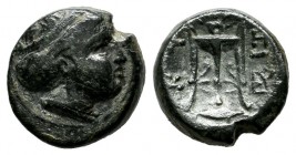 Mysia, Kyzikos. Circa 2nd century BC. AE (11mm, 1.88g). Head of Kore Soteira right, wearing wreath of grain. / KY-ZI to left and right of tripod with ...