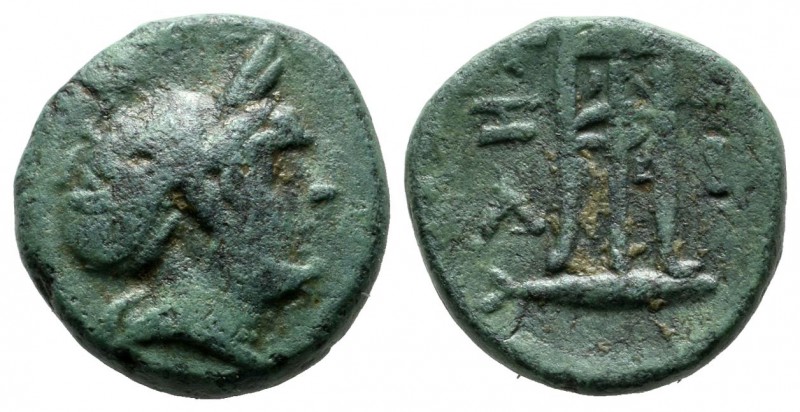 Mysia, Kyzikos. Circa 2nd century BC. AE (15mm, 4.39g). Head of Kore Soteira rig...