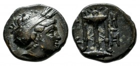 Mysia, Kyzikos. Circa 300 BC. AE (11mm, 1.29g). Head of Kore Soteira right, hair bound in sakkos. / KY ZI. Tripod; crown above, monogram to right; bel...