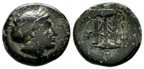 Mysia, Kyzikos. Circa 300 BC. AE (17mm, 4.55g). Head of Kore Soteira right, hair in sphendone covered with a veil / K - Y / Ξ - I around tripod set on...