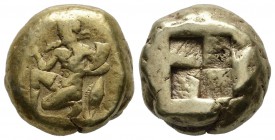 Mysia, Kyzikos. Circa 380 BC. EL Stater (17mm, 15.97g). Heracles kneeling left, holding club and rhyton; behind, tunny / Quadripartite incuse square w...