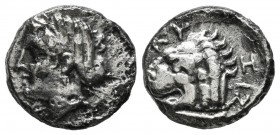 Mysia, Kyzikos. Circa 390-340 BC. AR Drachm (13mm, 2.94g). Wreathed head of Kore Soteira left, hair in sphendone covered with veil / Head of lion left...
