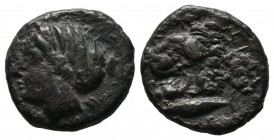 Mysia, Kyzikos. Circa 390-340 BC. AR Drachm (14mm, 2.75g). Head of Kore Soteira, hair in sphendone. / Head of lion, tunny fish below. SNG.vAul.1223v. ...