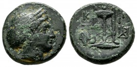 Mysia, Kyzikos. Circa 3rd century BC. AE (17mm, 5.52g). Head of Kore Soteira right, wreath with grain-ears. / K - Y / Ξ - I to sides of Tripod on tunn...