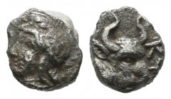 Mysia, Kyzikos. Circa 410-400 BC. AR Hemiobol (7mm, 0.21g). Head of Attis left, wearing Phrygian cap; tunny below / KY. Bull’s head right. SNG France ...
