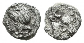 Mysia, Kyzikos. Circa 410-400 BC. AR Hemiobol (7mm, 0.29g). Head of Attis left, wearing Phrygian cap; tunny below / KY. Bull’s head right. SNG France ...