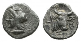 Mysia, Kyzikos. Circa 410-400 BC. AR Hemiobol (7mm, 0.35g). Head of Attis left, wearing Phrygian cap; tunny below / KY. Bull’s head right. SNG France ...