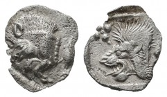 Mysia, Kyzikos. Circa 450-400 BC. AR Hemiobol (10mm, 0.36g) Forepart of boar left; to right, tunny upward / Head of lion left; star to left; all withi...