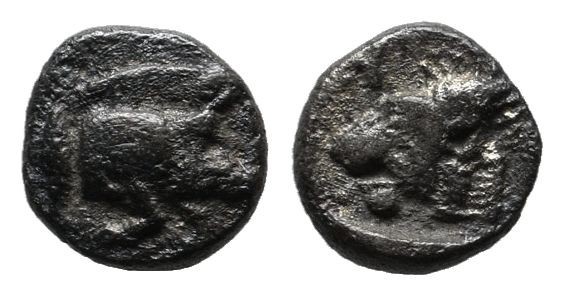 Mysia, Kyzikos. Circa 450-400 BC. AR Hemiobol (5mm, 0.28g). Forepart of boar rig...