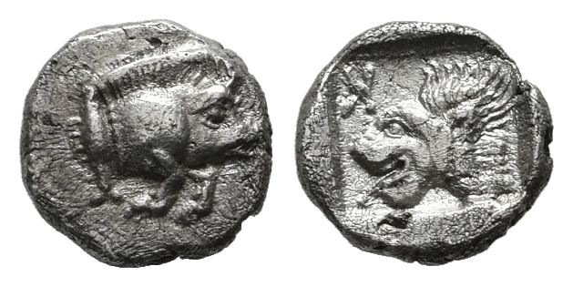 Mysia, Kyzikos. Circa 450-400 BC. AR Hemiobol (6mm, 0.34g). Forepart of boar rig...