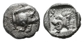 Mysia, Kyzikos. Circa 450-400 BC. AR Hemiobol (6mm, 0.34g). Forepart of boar right; to left, tunny upward / Head of lion left; retrograde K to upper l...