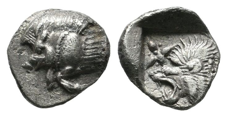 Mysia, Kyzikos. Circa 450-400 BC. AR Hemiobol (8mm, 0.39g). Forepart of boar lef...