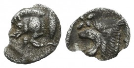 Mysia, Kyzikos. Circa 450-400 BC. AR Hemiobol (9mm, 0.25g). Forepart of boar left; to right, tunny upward / Head of lion left; star to left; all withi...