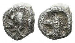 Mysia, Kyzikos. Circa 450-400 BC. AR Obol (6mm, 0.52g). Forepart of boar left; to right, tunny upward / Head of roaring lion left within incuse square...