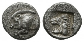 Mysia, Kyzikos. Circa 480 BC. AR Diobol (10mm, 1.19g). Forepart of boar left with tall mane and dotted truncation, to right, tunny upward / Head of ro...