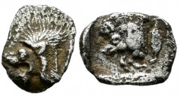 Mysia, Kyzikos. Circa 480 BC. AR Hemiobol (10mm, 0.39g). Head of roaring lion left with bristling mane, outstretched tongue, and dotted truncation. Fo...