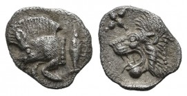 Mysia, Kyzikos. Circa 480 BC. AR Hemiobol (8mm, 0.39g). Forepart of boar left with tall mane and dotted truncation, to right, tunny upward / Head of r...
