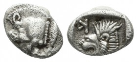 Mysia, Kyzikos. Circa 480 BC. AR Obol (10mm, 0.82g). Forepart of boar left with tall mane and dotted end point, E (retrograde) on shoulder; to right, ...