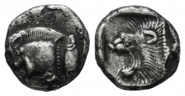 Mysia, Kyzikos. Circa 480 BC. AR Obol (10mm, 0.94g). Forepart of boar left with tall mane and dotted truncation, to right, tunny upward / Head of roar...