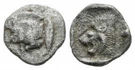 Mysia, Kyzikos. Circa 480 BC. AR Obol (9mm, 0.75g). Forepart of boar left with tall mane and dotted end point, E (retrograde) on shoulder; to right, t...